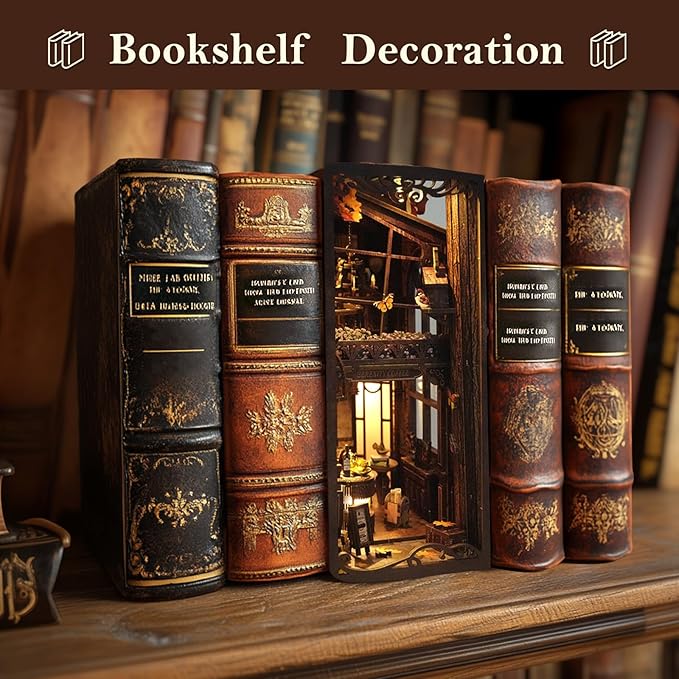 DIY Book Nook Kit Wooden Bookshelf Miniature Serenity Coffee House Kit 3D Wooden Puzzles Bookends Miniature House Kit Book Nook Bookshelf Insert Decor with LED Lights Wood Crafts for Adults