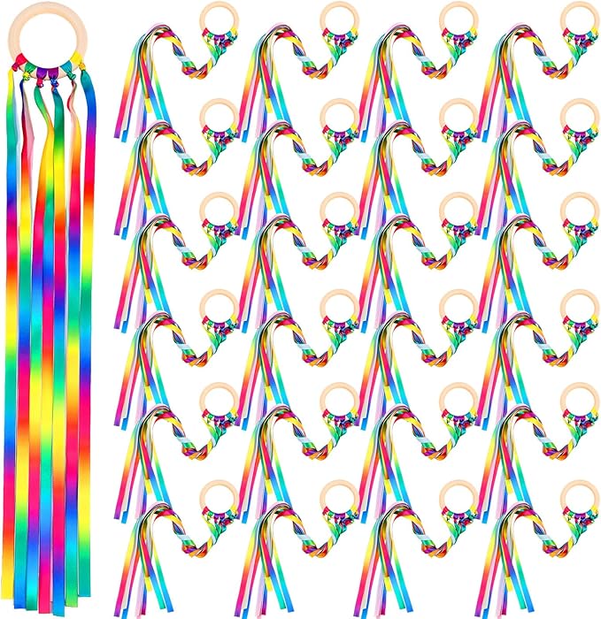 Junkin Ribbon Rings Hand Kite Waldorf Toys Dancing Wrist Ribbons Rainbow Streamers with Wood Ring Educational Toy for Playroom Dancing Birthday Party Gift(Gradient,24 Pcs)