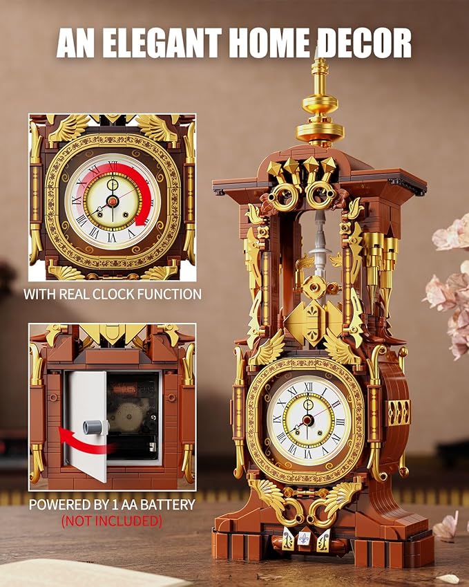 Vintage Clock Building Block Set, Stem Toy with Real Clock Function and Controllable Lighting, Technic Building Kit, Unique Home Decoration and Collectible, Birthday Gifts for Adults & Kids 6-12