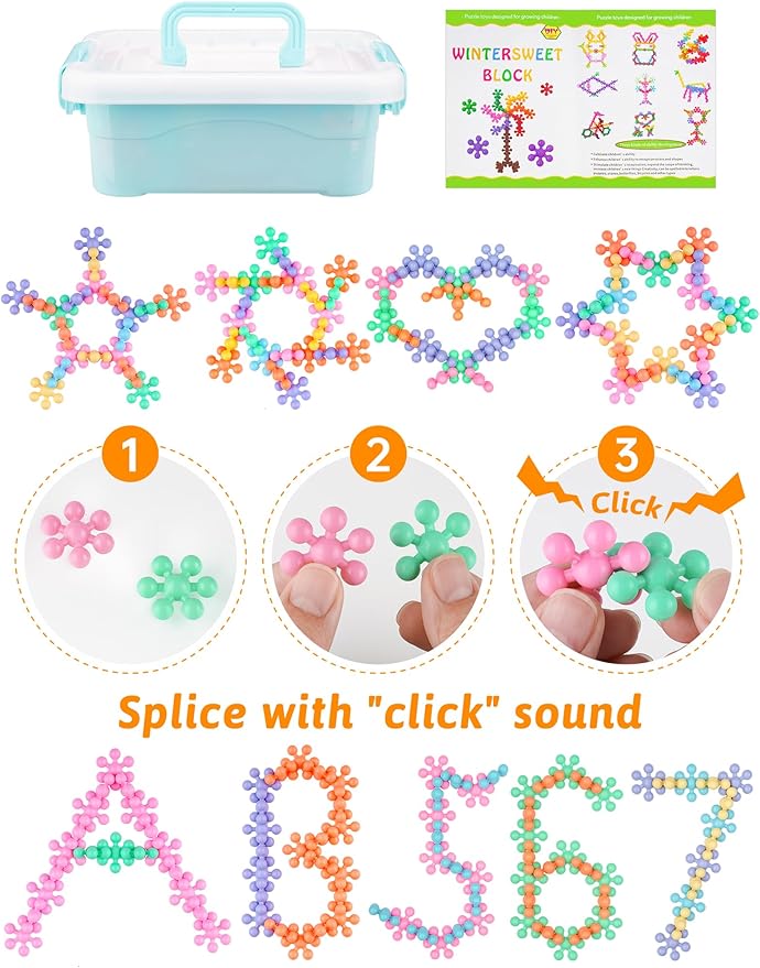 200PCS Interlocking Snowflake Building Block Toy for Kids Ages 3+, Plastic Early Learning Creativity Educational STEM Toy with Carrying Case Safe Material (Macaron Colors)