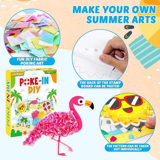 8PCS Poke-in Craft and Art Kit for Kids Summer Theme No-Mess Fabric Sewing Art Girls Boys 4-12 Puzzle Puncture Painting DIY Beach Hawaiian Toy Gift for Creative Activity Game Birthday Party