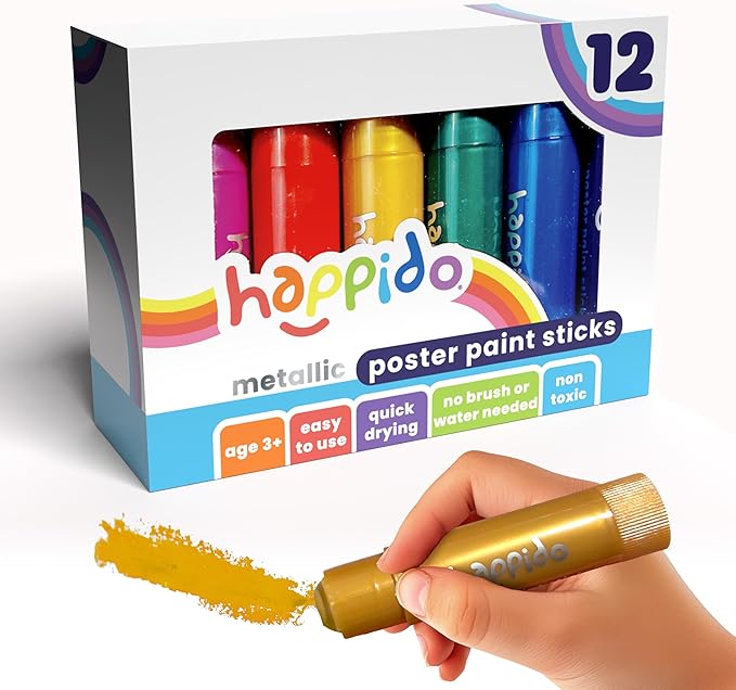 Happido Set of 12 Twistable Tempera Paint Sticks For Kids, Quick Drying, No Mess Art Supplies for Toddlers and Kids Ages 4-6 - METALLIC COLORS