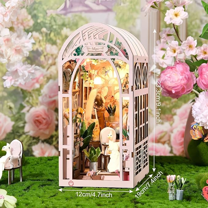 DIY Book Nook Kit, Miniature Bookshelf Decor with LED Lights, Laser-Cut Wooden Craft Set for Adults, Creative Gift for Christmas, Birthday, Greenhouse Flower Room