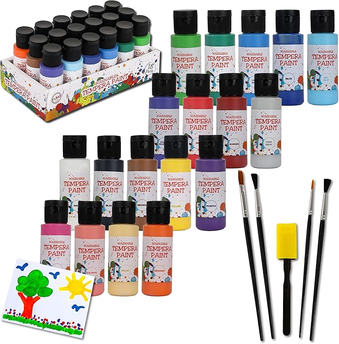Washable Tempera Paints Set of 18 for children, Kids Non-Toxic Acrylic Paint, Kid Friendly, Kid Safe Paint Set, Includes Variety of Brushes, Color, Craft, Create and Party.