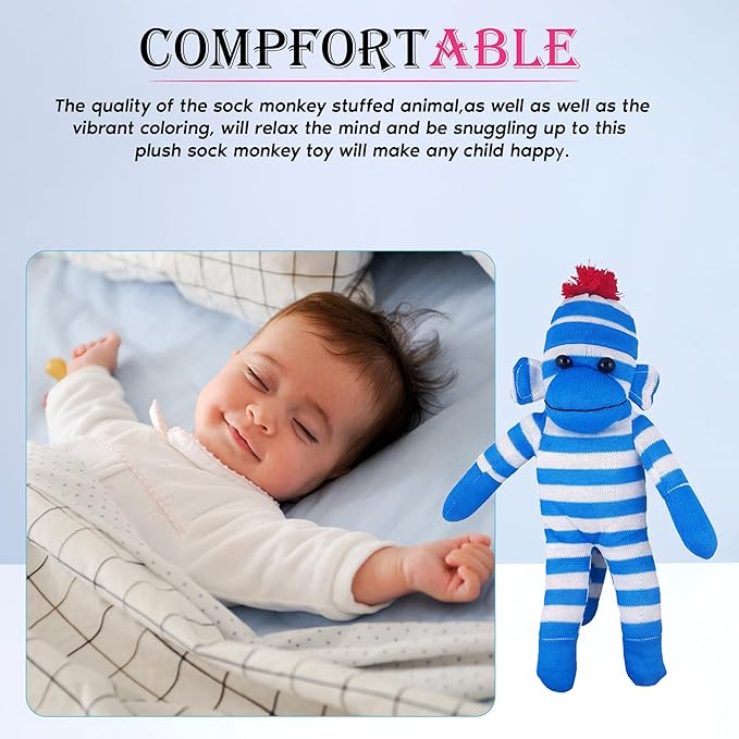 Adorable Sock Monkey, The Original Traditional Hand Knitted Stuffed Animal Toy Gift-for Kids, Babies, Teens, Girls and Boys Baby Doll Present Puppet (16" Blue)