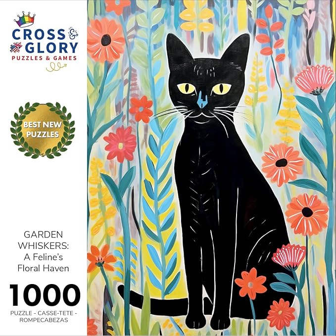 Cross & Glory - Garden Whiskers: A Feline's Floral Haven - 1000 Piece Jigsaw Puzzle for Adults | Artistic Satin Finish | Vibrant Garden Theme