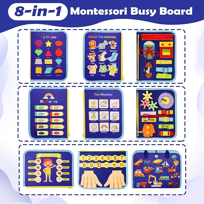 MAJAVI Busy Book for Toddlers 1-3, Montessori Toys Busy Board for 1 2 3 4 Year Old Boy Girl Birthday Gift - 5 in 1 Quiet Activity Book with Life Skills, Cognition, Sorting, Matching, Blue