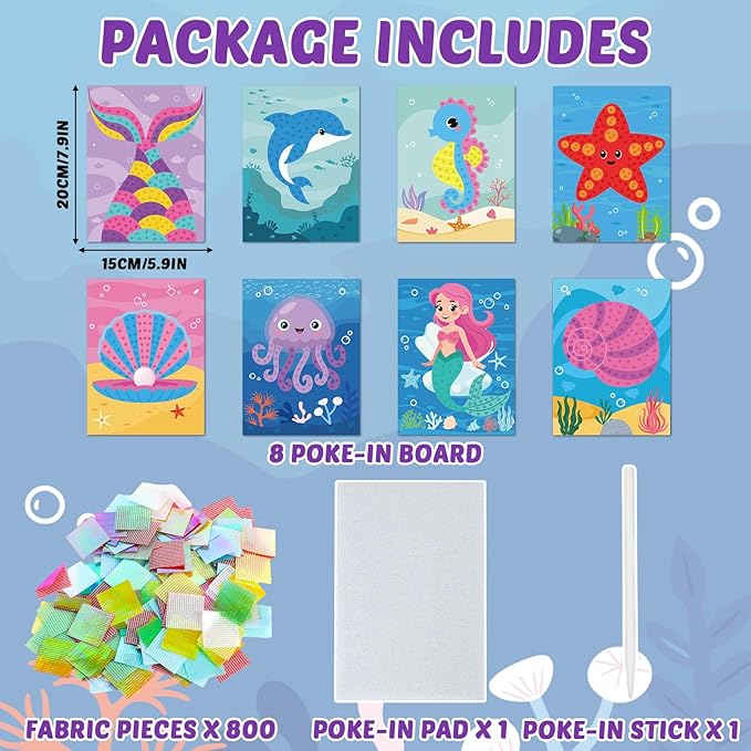 8PCS Poke-in Craft and Art Kit for Kids Mermaid Theme No-Mess Fabric Sewing Art for Girls Boys 4-12 Puzzle Puncture Painting DIY Ocean Sea Animals Toy Gifts for Activity Game Birthday Party