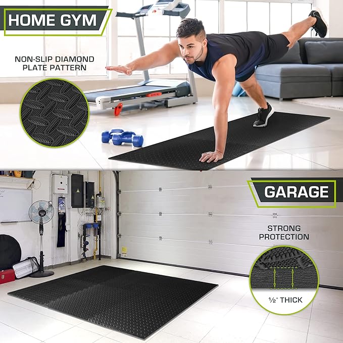 ProsourceFit Puzzle Exercise Mat ½ in, EVA Interlocking Foam Floor Tiles for Home Gym, Mat for Home Workout Equipment, Floor Padding for Kids, Black, 24 in x 24 in x ½ in, 24 Sq Ft - 6 Tiles