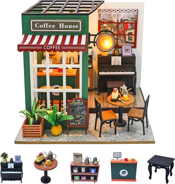 CUTEROOM DIY Miniature House Kit-Coffee Time, Tiny Dollhouse Wooden Furniture Kit, Mini DIY Craft Kits Creative Room for Decoration Family Friends
