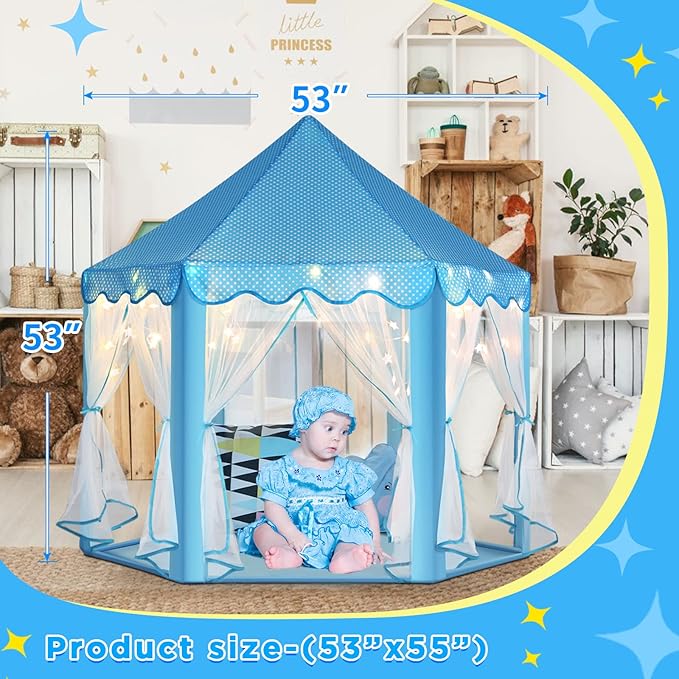 Monobeach Princess Castle Playhouse for Girls - Large Kids Tent with Star Lights for Indoor & Outdoor Play, 55'' x 53'' (DxH) (Blue Princess Tent with Little Star Lights)