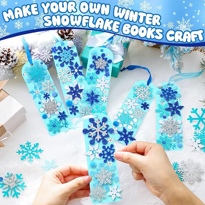 Resholder 490 Pcs Winter Crafts Kits DIY Winter Snowflake Bookmark Ornaments Christmas Snowflake Bookmark Craft with Stickers, Arts and Crafts for Home Party Favor Holiday Activities