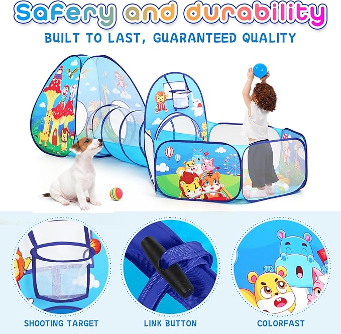 3 in 1 Kids Play Tent for Toddler with Baby Ball Pit and Play Tunnel, Children Indoor Outdoor Playhouse with Climbing Tunnel Toy for Toddlers, Boys and Girls Best Birthday Gifts (3pc Jungle Ball Pit)