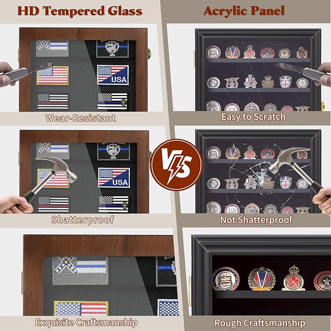 Military Challenge Coin Display Case 6 Rows Wooden Army Coin Holder with HD Tempered Glass Lockable Coin Wall Dsplay Box with Removable Shelves, Walnut