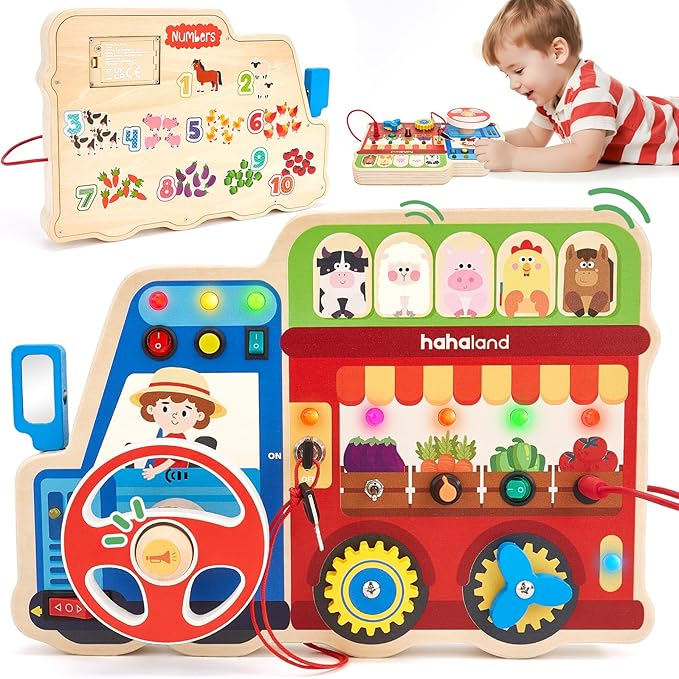 hahaland Montessori Busy Board for Toddlers 3-5, 18-in-1 Wooden Sensory Activity Board with LED Lights & Switches, Educational Montessori Toy for Fine Motor Skills, Travel & Birthday