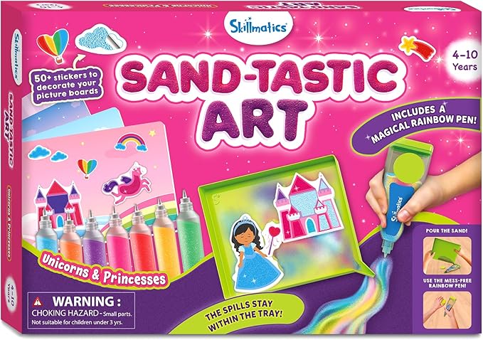 Skillmatics Sand Art Activity - Mess-Controlled DIY Unicorn & Princess Craft Kit with 50+ Colorful Stickers, Creative & Fun Hands-On Activity, Christmas Gifts for Ages 4, 5, 6, 7, 8, 9, 10