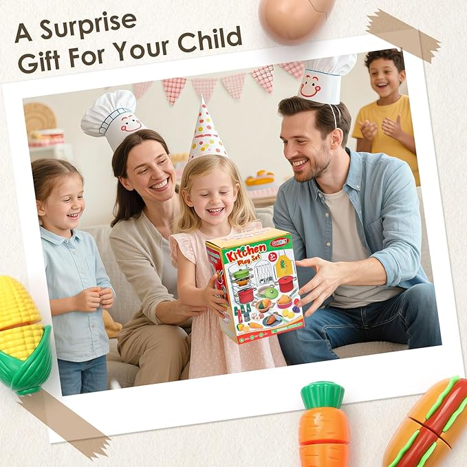 Golray Play Kitchen Accessories, Play Food Sets for Kids Kitchen Playset with Pots and Pans Set, Cooking Utensils, Organizer, Food Toys, Apron & Condiments, Birthday Gifts for Girls Boys Toddlers