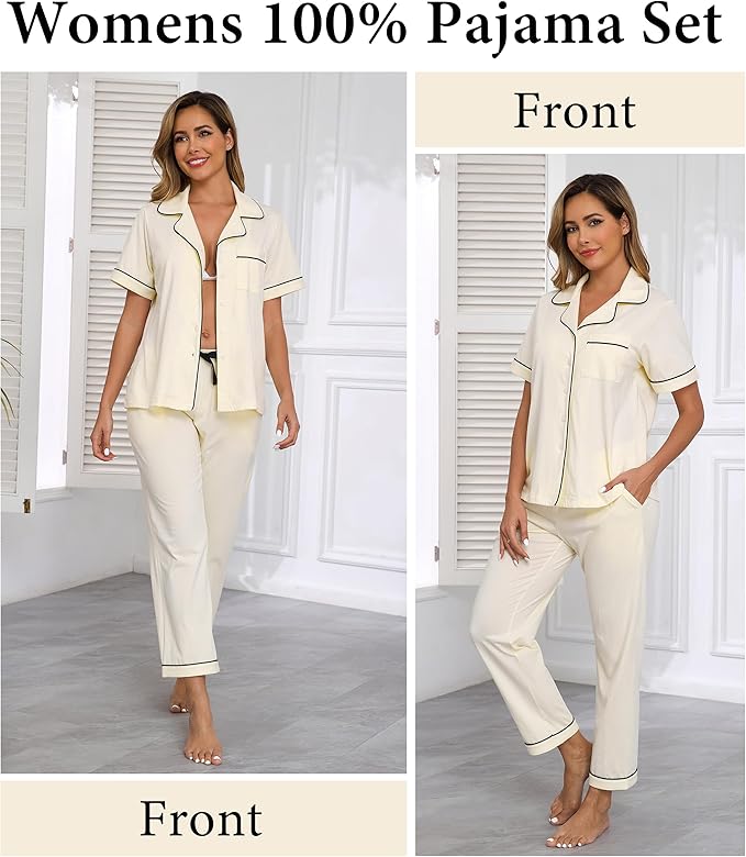 CF Womens 100% Cotton Pajamas Set Button Down Pjs Sets Short Sleeve Top & Long Pants Sleepwear Comfy Loungewear with Pockets