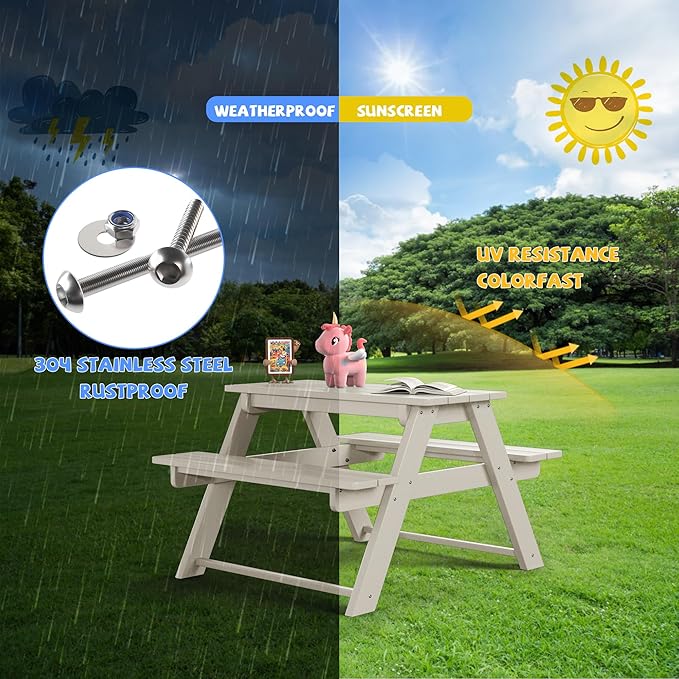 Costaelm Kids Picnic Table, HDPE All Weather Outdoor Toddler Picnic Table and Chair Set Kids Bench for Patio, Backyard, Garden, Lawn, Sand