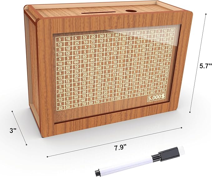 Piggy Bank for Adults Kids, Wooden Coin Bank for Boys and Girls, Cash Vault Money Saving Box with Counter $5000 Savings Challenge Money Box with Money Target and Numbers (Brown $5000)