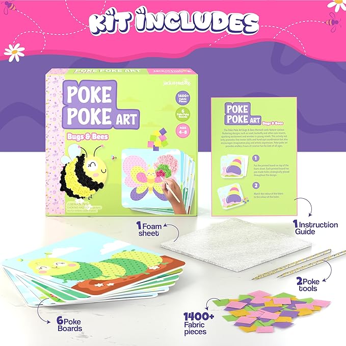 jackinthebox Poke Poke Art – Bugs Theme, Mess-Free Fabric Art and Craft, Flower Pressing Kits, Gift for Kids, Toys for Girls and Boys Ages 4 5 6 7 8