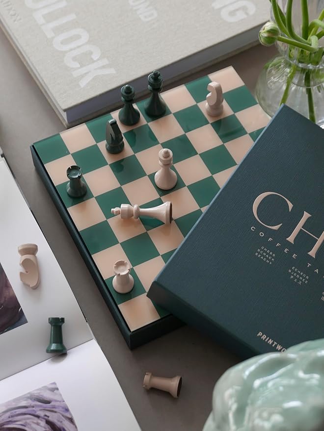 Printworks Classic Chess – Green Wooden Chess Set with Acrylic Board – Stylish Coffee Table Game for Adults & Kids Ages 5+ – Multilingual Instructions Included