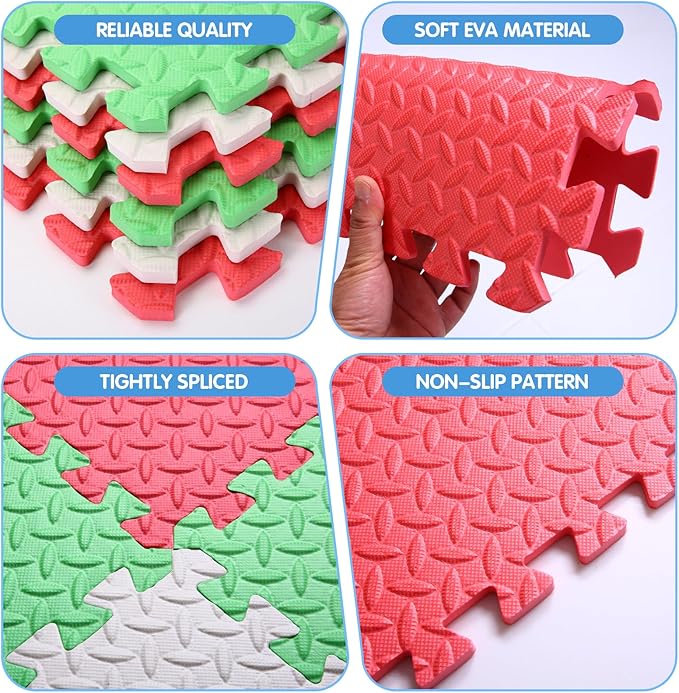 Foam Play Mat for Baby, 0.4 Inch Thick Foam Interlocking Floor Mats, Soft Non-Toxic Baby Playmat, Solid Colored Puzzle Play Mat Kids Floor Mats for Toddler, 16 Tiles(White/Red/Green)