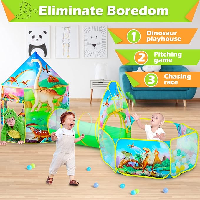 3PC Dinosaur Tent for Girls with Kids Ball Pit, Kids Play Tents and Crawl Tunnel for Toddlers, Pink Pop Up Playhouse Toys for Baby Indoor& Outdoor Tent Games, Birthday Kid’s Gifts