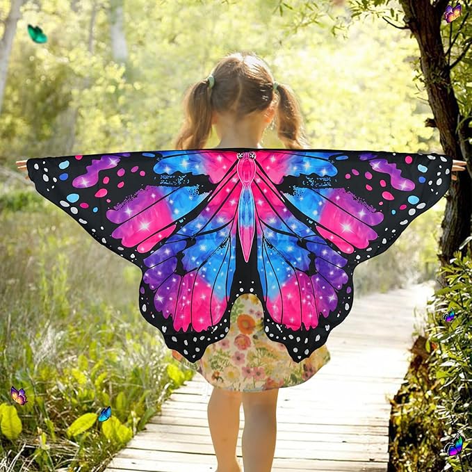 Butterfly Costume for Girls Fairy Wings Kids 4 Pcs(Cape,Skirts,Masks,Hair Clips) Butterfly Wings for Halloween Gifts