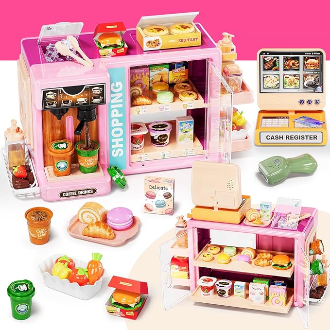 Toddler Toy Grocery Store, Supermarket Playset with Touch Voice Cash Register, Scanner, Coffee Maker, Play Food, Play Money, Pretend Play Toys for Toddlers Kids Birthday (Pink)
