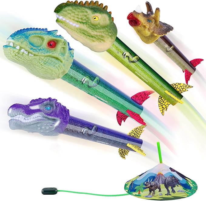 Dinosaur Toy Rocket Launcher for Kids - Launch Up to 100 Ft, 4 Rockets, Outdoor Outside Toys for Kids, Dinosaur Toys, Birthday Gifts for 3 4 5 6 7 8-12 Year Old Boys Girls