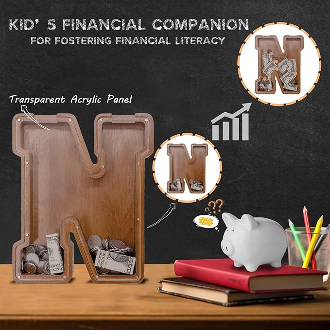Wooden Letter Piggy Bank for Kids Larger Letter Piggy Bank for Boys and Girls Personalized Piggy Bank Initial Coin Bank Wood Kids Money Bank for Birthday and Festival