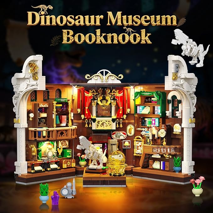 Dinosaur Museum Book Nook Building Set with Lights, DIY Booknook Building Block Toy for Bookshelf Home Decor, 1500 PCS Miniature House Model Building Brick Kit for Adults Teens Boys Girls 12+