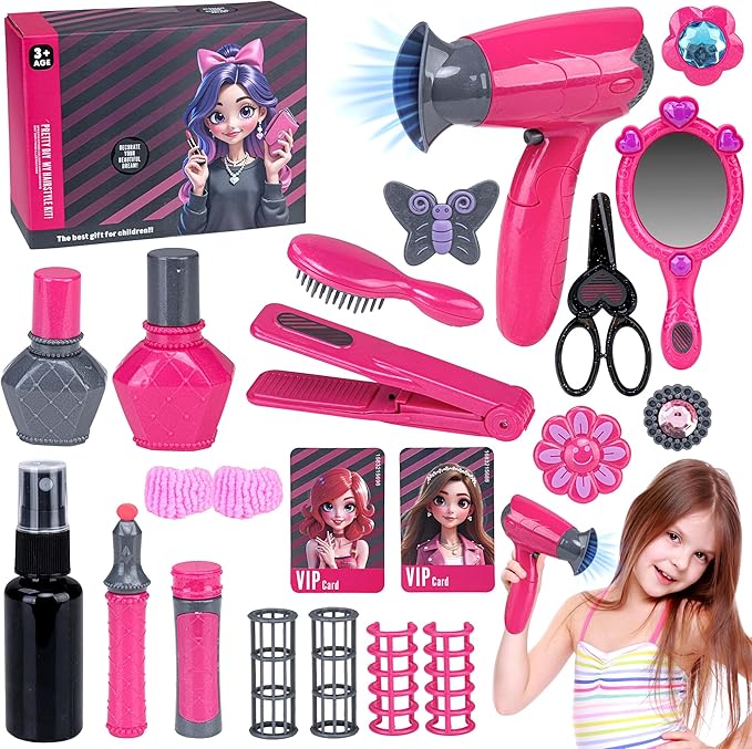 Beauty Hair Salon Playset, 22 Piece Hair Stylist Toy Kit with with Makeup Accessories & Hair Dryer, Pretend Play Set, Christmas & Birthday Gift for Girls