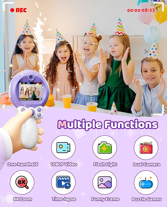 TEKFUN Kids Camera Toy for Girls - Birthday Girl Gifts with Magic Wand Design - Digital Video Camera for Kids with 32GB SD Card - Easter Basket Essentials for Girl 2 3 4 5 6 Year Olds, Purple