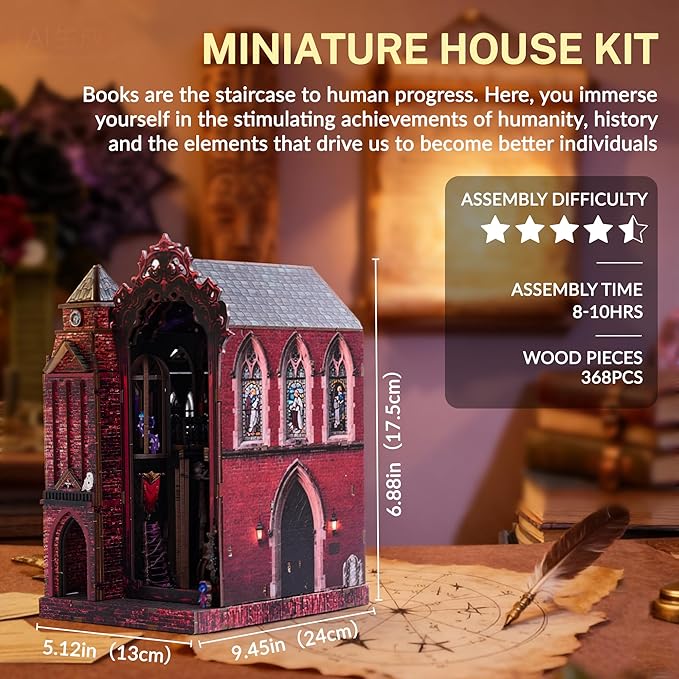 Book Nook Kit, DIY Miniature House Dollhouse Crafts Kit for Adults and Teens, Magic Castle 3D Wooden Puzzle Booknook Build Bookshelf Decor, Gifts for Family and Friends（Arcane Sprire）