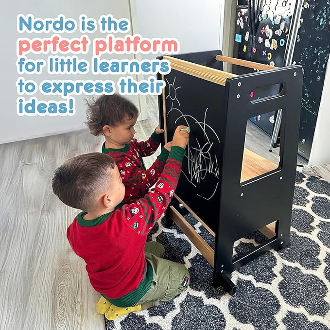 Toddler Kitchen Stools Helper with Adjustable Height and Anti-Slip Protection, Kids Standing Tower with Safety Rail, Kids Montessori Stool with Learning Chalkboard, Black