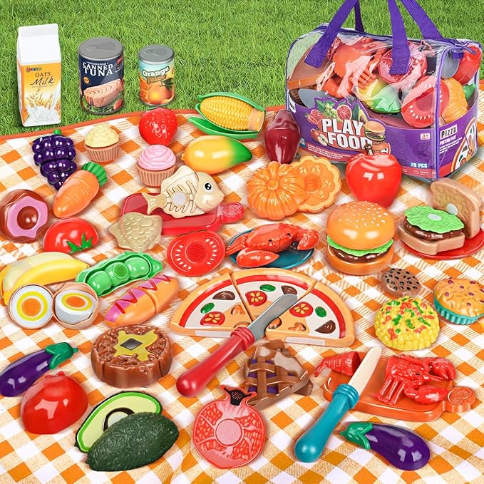 Pretend Play Food for Kids Kitchen - 78Pc Cutting Toy with Storage Bag, Toys Veggies, Fruits, Fake Pizza Toy, Food, Accessories, Boys Girls Gift, 9.5 x 7 x 6 in (ZY-78)