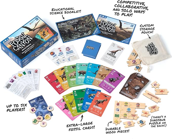 Fossil Canyon Deluxe Edition | Dinosaur Paleontology Family Game | Play Competitively, Cooperatively, or Solo | 1-6 Players, Ages 6 and Up | Field Museum Science Booklet Included