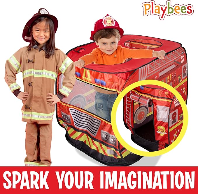Playbees Musical Fire Truck Pop Up Play Tent with 3 Openings - Role Play Firefighter Tent - Sirens & Fireman Sounds - Indoor Outdoor - Red Fire Engine Playhouse Vehicle Toys - Ideal Play, Gift, Prop