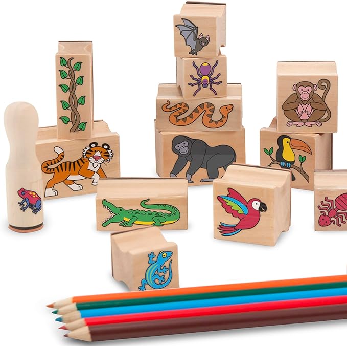 Melissa & Doug Stamp-a-Scene Stamp Set: Rain Forest - 20 Wooden Stamps, 5 Colored Pencils, and 2-Color Stamp Pad