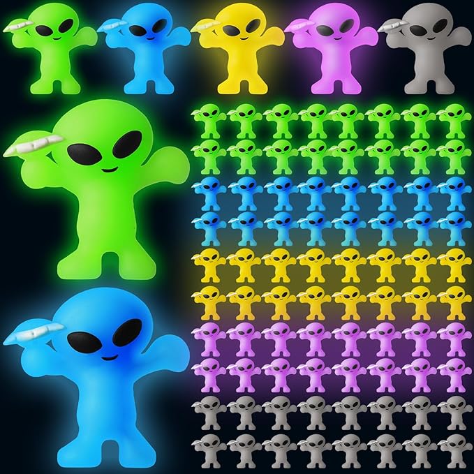 40 Pcs Colorful Mini Alien Figures Glow in The Dark Small Little Tiny Aliens Figurine Space Ship Toy Space Party Favors Prank Rubber Bag Piñata Filler