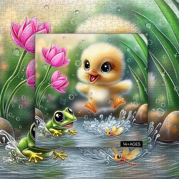 PICKFORU Summer Splash Puzzles for Adults 1000 Pieces, Cute Duck Frog Jigsaw Puzzles Lotus Flower, Challenging Impossible Animal Theme as Wall Decor