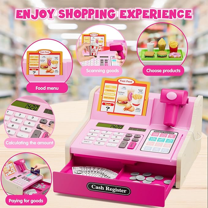 Wooden Cash Register for Kids with Real Calculator, Rechargeable Cash Register Toy with Scanner/Play Money/Food/Credit Card/Menu, Pretend Play Toys Gifts for Boys Girls Ages 3-8,Color