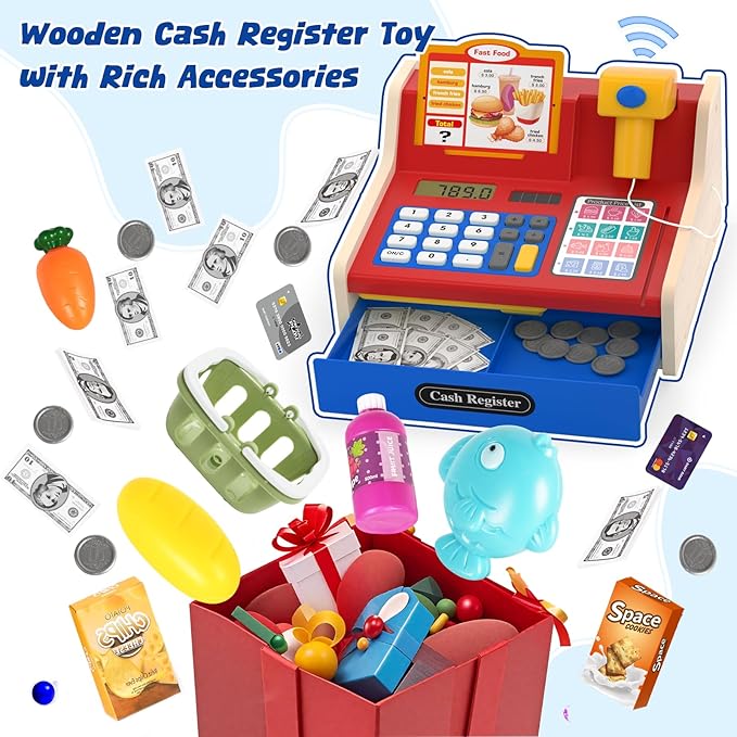 Rechargeable Wooden Cash Register for Kids, Pretend Play Calculator Cash Register Toys with Scanner, Play Money&Credit Card, Play Cash Register, Toddler Boys Girls Age 2-4 4-8