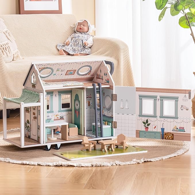 ROBOTIME Doll House, Wooden Dollhouse with Wheels for Girls, Pretend Play RV Set Dollhouse Moveable with 10+Pcs Furniture Accessories, Gift for Kids Ages 3+
