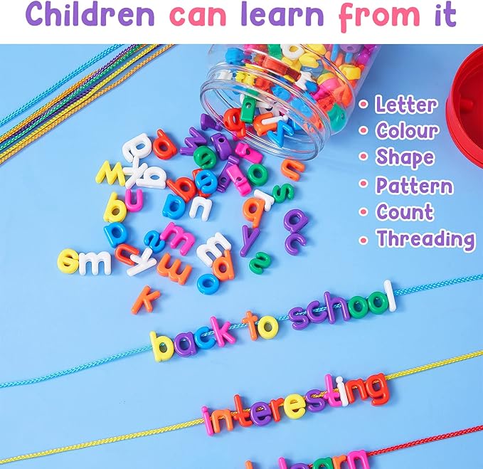 Wesiti 408 Pcs Lacing Letters Alphabet Learning Toys Toddler ABC Alphabet Beads Lacing Sports Skills Toys for Preschool Games Homeschool Supplies Early Spelling (Lowercase Letters)