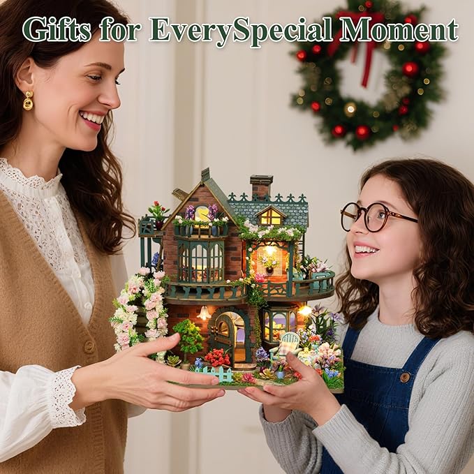DIY Miniature House Kit with LED Lights, Fairy Garden Wooden Mini House Building Kit for Adults & Teens, Creative Crafts for Women, Friends & Hobbyists