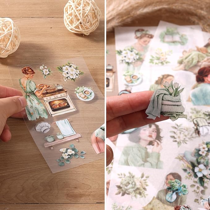Auguro Scrapbooking Stickers 20 Sheets Pre-Cut 120 washi Stickers PET People Sticker Books for journaling Scrapbook Supplies transparent reading Girls Journal Sticker