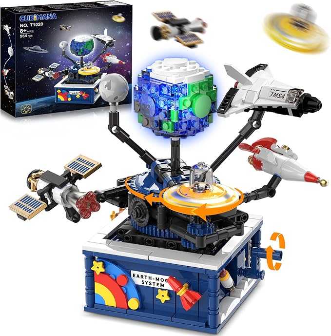 Planet Rotatable Space Sets with Light - Earth & Moon Space Exploration Building Toys with Shuttle Spaceship Science Kits Building Blocks Gifts for Kids Age 8+ Years Old Boys Girls(554 PCS)